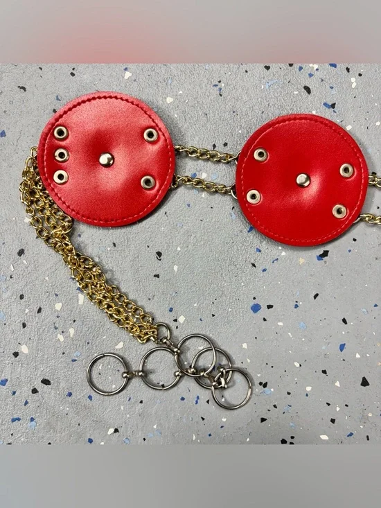 Vintage Western Disc Belt Silver Concho Red Embossed Faux Leather Gold Chain S/M - Picture 9 of 13